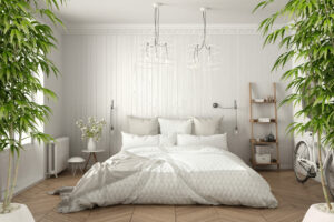 Zen interior with potted bamboo plant, natural interior design concept, scandinavian minimalist bedroom with herringbone parquet, white architecture