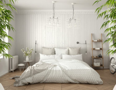 Zen interior with potted bamboo plant, natural interior design concept, scandinavian minimalist bedroom with herringbone parquet, white architecture