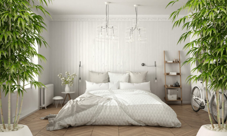 Zen interior with potted bamboo plant, natural interior design concept, scandinavian minimalist bedroom with herringbone parquet, white architecture
